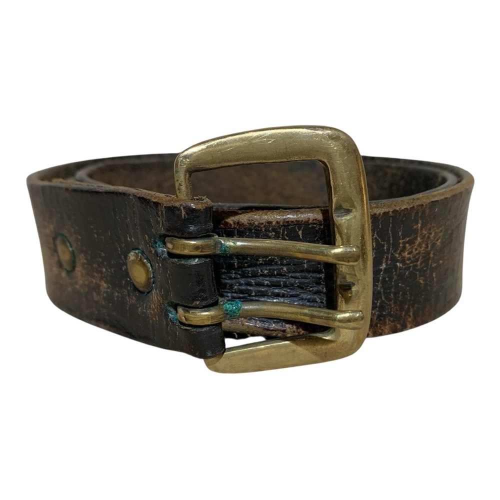 Men’s Vintage Black Leather Belt with Brass Buckle Size 34 in